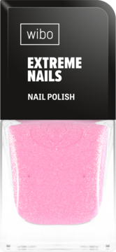 Różowy lakier Wibo Extreme Nails z brokatem w przezroczystej butelce, w czarnym opakowaniu. Widok z przodu.