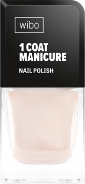 Wibo 1 Coat Manicure Nail Polish, jasny beżowy odcień w przezroczystej butelce z czarną etykietą, widok z przodu.
