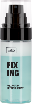 Wibo Fixing Aqua Grip Setting Spray do makijażu, turkusowy płyn w butelce z atomizerem, widok z przodu.