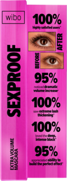 Wibo Sexproof Extra Volume Mascara, różowe opakowanie z dużymi procentowymi claimami i zdjęciami oka.