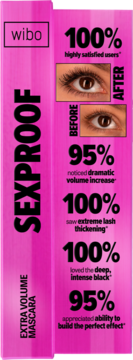 Wibo Sexproof Extra Volume Mascara, różowe opakowanie z dużymi procentowymi claimami i zdjęciami oka.