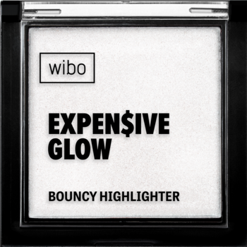 Wibo Expensive Glow Bouncy Highlighter, czarne kwadratowe opakowanie, widok z góry, biały perłowy puder.