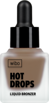 WIBO Hot Drops Płynny Bronzer do twarzy w matowej butelce z czarnym zakraplaczem, widok z przodu.
