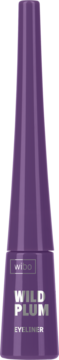 Fioletowy eyeliner Wibo Wild Plum w smukłej buteleczce, z etykietą 'WILD PLUM EYELINER', widok z przodu.