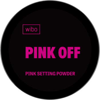 Wibo Pink Off Pink Setting Powder, czarny okrągły kompakt z różowym logo i dużym napisem PINK OFF, widok na wieczko.