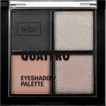 Wibo Quattro mini paleta cieni do powiek. Matowa czerń, lśniący beż, matowa brzoskwinia, lśniące różowe złoto.