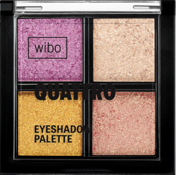 Wibo Quattro Eyeshadow Palette: otwarta, czarna paletka z 4 błyszczącymi cieniami: fuksja, szampan, złoto, brzoskwinia.