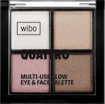 Wibo Quattro paleta do twarzy i oczu, widok z góry. Czarna kasetka z czterema błyszczącymi cieniami: białym, złotym, różowym, brązowym.