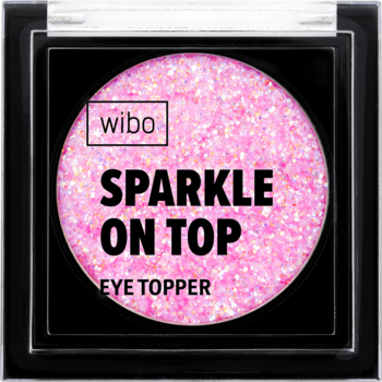 Wibo Sparkle On Top, różowy brokatowy cień do powiek w czarnym kompakcie, widok z góry, napis wibo.