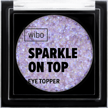 Brokatowy cień Wibo Sparkle On Top Eye Topper, fioletowy, w czarnym kwadratowym etui, widok z góry.
