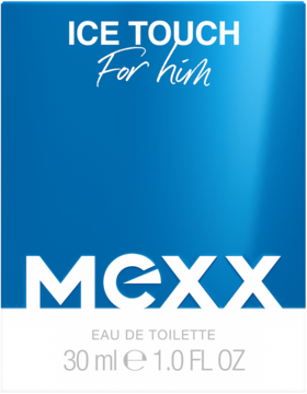 Frontalny widok pudełka perfum Mexx Ice Touch For Him 30ml, niebiesko-białe, z białym napisem MEXX.