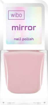 Jasnoróżowy lakier Wibo Mirror nail polish w przezroczystej butelce, holograficzna etykieta, widok z przodu.