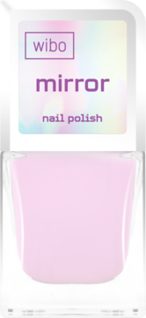 Wibo Mirror różowy lakier do paznokci o lustrzanym połysku, butelka widziana od przodu, z holograficzną etykietą.