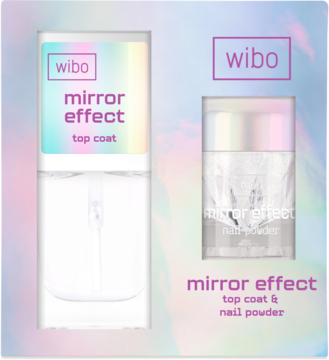 Zestaw Wibo Mirror Effect do stylizacji paznokci, z top coatem i pyłkiem, w opalizującym opakowaniu, widok z przodu.