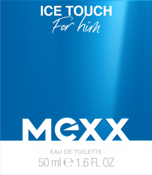 Woda toaletowa Mexx Ice Touch For Him 50ml, niebiesko-białe opakowanie z napisem MEXX, widok z przodu.