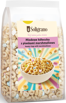 SOLIGRANO ,płatki zbożowe w kształcie kółeczek w polewie z miodem i piankami Marshmallows,przód