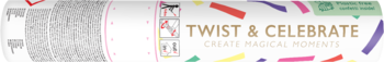 Banner reklamowy 'TWIST & CELEBRATE' z kolorowym papierowym konfetti na jasnym tle, promujący tubę.