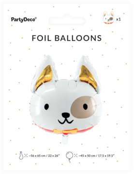 Foliowy balon PartyDeco, biały piesek z złotymi uszami i brązową plamką na oku, w blistrze, widok z przodu.
