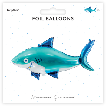 Błyszczący balon foliowy rekin PartyDeco, turkusowy z białym brzuchem, widoczny w przezroczystym opakowaniu.