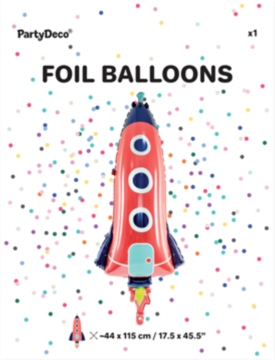 Czerwony balon foliowy rakieta PartyDeco z niebieskimi detalami, widok z przodu, na tle białego konfetti.