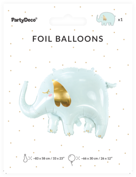 Balon foliowy PartyDeco słoń, jasnoniebieski ze złotymi uszami i policzkami, w przezroczystym opakowaniu.