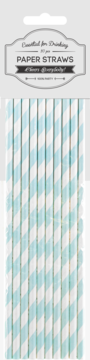 Opakowanie 10 białych słomek PartyDeco w jasnoniebieskie paski, widok z przodu, napis "PAPER STRAWS".