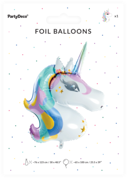 Balon foliowy jednorożec PartyDeco w opakowaniu z kropkami. Biały balon z tęczową grzywą i złotymi gwiazdami.