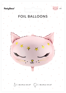Różowy balon foliowy PartyDeco w kształcie głowy kotka z zamkniętymi oczami i złotymi gwiazdkami w opakowaniu.