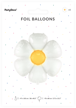 Balon foliowy PartyDeco w kształcie białej stokrotki z żółtym środkiem, zapakowany, na tle z kolorowymi kropkami.