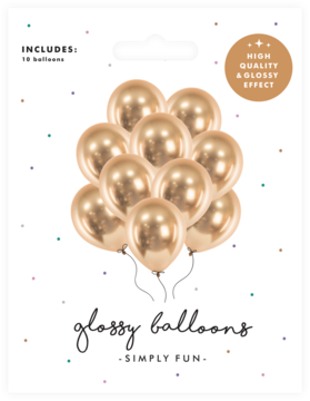 Opakowanie 10 złotych, lateksowych balonów PartyDeco z efektem glossy, widok z przodu, z ilustracją balonów.