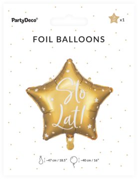 Złoty foliowy balon w kształcie gwiazdki z białym napisem 'Sto Lat!' na opakowaniu PartyDeco. Dekoracja urodzinowa.