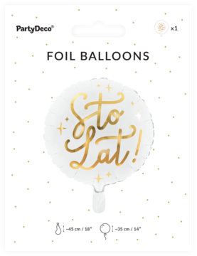 Biały okrągły balon foliowy PartyDeco z metalizowanym złotym napisem 'Sto lat!', w opakowaniu.