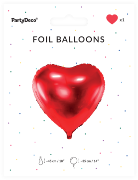 Czerwony, metaliczny balon foliowy PartyDeco w kształcie serca, na opakowaniu z kolorowymi kropkami, widok z przodu.