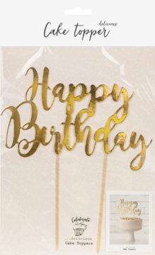 Złoty topper na tort Happy Birthday, lustrzany papier, połyskujący, w przeźroczystym opakowaniu, widok z przodu.