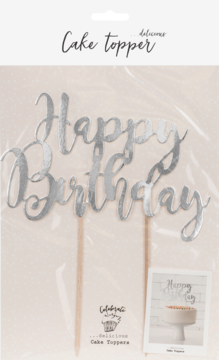 Srebrny lustrzany topper na tort "Happy Birthday" w eleganckim, pisanym kroju, w przezroczystym opakowaniu.