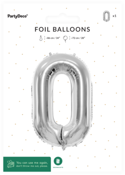 Balon foliowy cyfra 0, srebrny, metaliczny, 72 cm, w oryginalnym opakowaniu PartyDeco, widok przód.