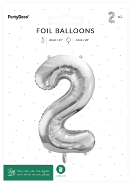 Srebrny balon foliowy w kształcie cyfry 2, metaliczny połysk, widoczny w przezroczystym opakowaniu.