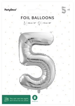 Srebrny balon foliowy PartyDeco cyfra 5 w blistrze, metaliczny połysk, widok z przodu opakowania.