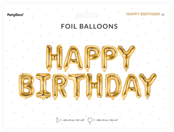 Duże złote balony foliowe PartyDeco Happy Birthday, metaliczne, widoczne w przezroczystym opakowaniu.