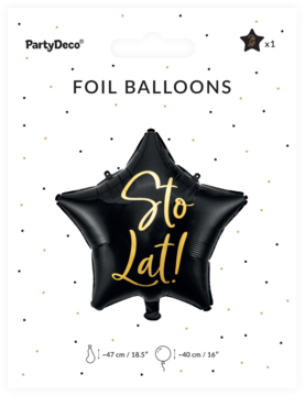 Czarny balon foliowy PartyDeco w kształcie gwiazdy z metalicznym, złotym napisem „Sto Lat!”, w opakowaniu.