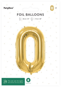 Duży, jasnozłoty balon foliowy cyfra 0, satynowy, w czarnym opakowaniu PartyDeco, widok z przodu.