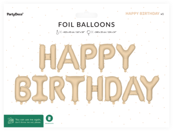 Zapakowane beżowe balony foliowe "HAPPY BIRTHDAY" PartyDeco, metaliczne, widok z przodu przezroczystego opakowania.