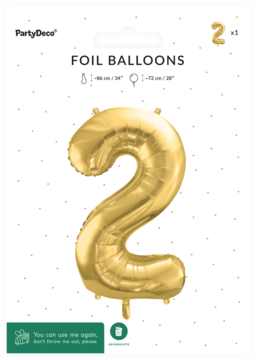 Duży, jasnozłoty balon foliowy w kształcie cyfry 2, satynowe wykończenie, widoczny na opakowaniu.