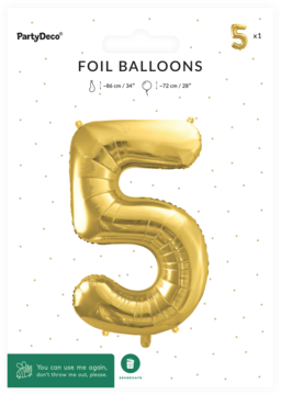 Złoty balon foliowy PartyDeco w kształcie cyfry 5, satynowy, w opakowaniu, widok z przodu, idealny na urodziny.