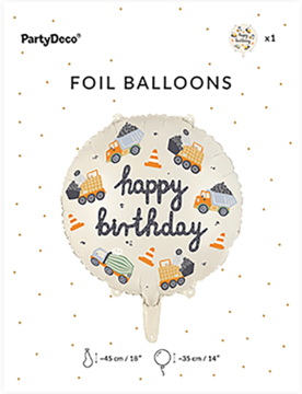 Okrągły biały balon foliowy PartyDeco 'Happy Birthday' z pojazdami budowlanymi, na opakowaniu.