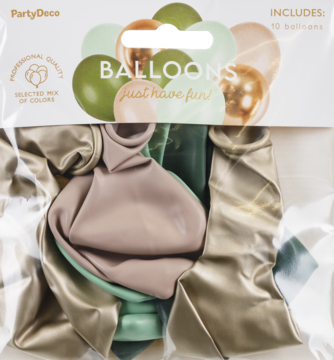 Opakowanie 10 balonów PartyDeco: lateksowe, pastelowa pistacja, rozmaryn, alabaster, glossy złoty, widok z przodu.