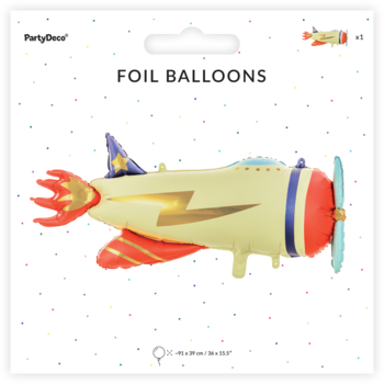 Foliowy balon PartyDeco w kształcie żółto-złotego samolotu z czerwonym śmigłem, w opakowaniu, widok z przodu.