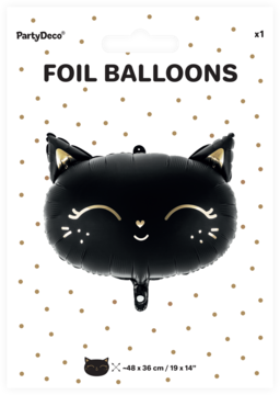 Czarny matowy balon foliowy Kotek ze złotymi uszami i wąsami, widok przodem, w opakowaniu PartyDeco.