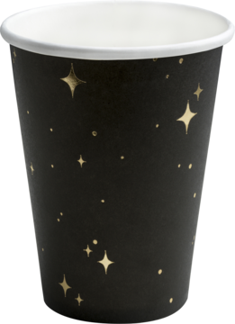 Czarny kubek papierowy na napoje 260 ml, w złote gwiazdki, z białym rantem, widok z boku pod kątem.