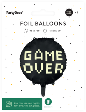 Czarny, okrągły balon foliowy „GAME OVER” z beżowym napisem w pikselach, w przezroczystym opakowaniu.